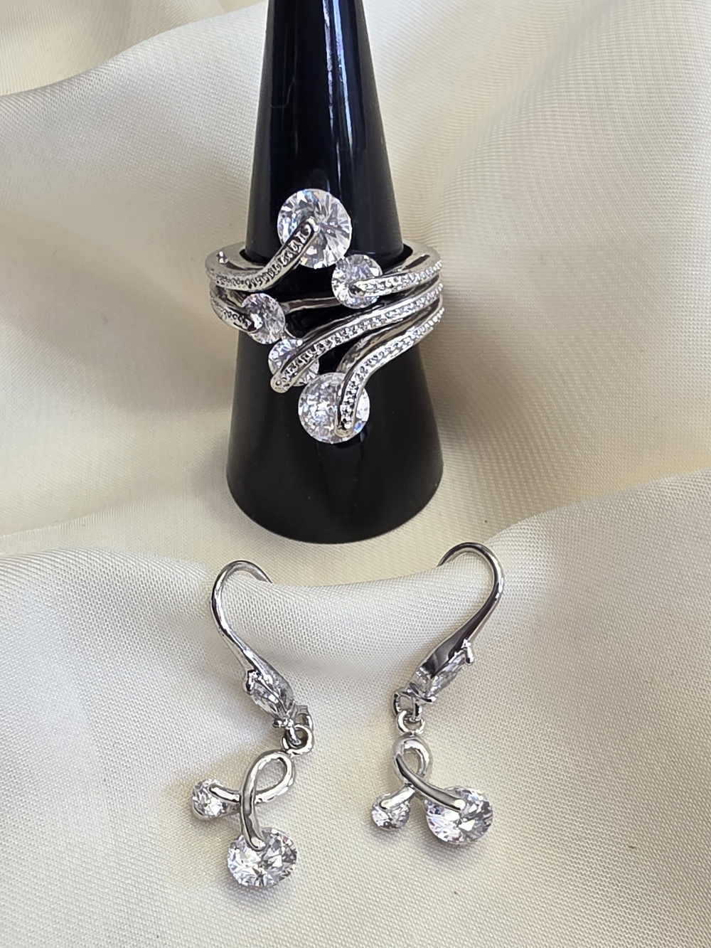 White CZ Silvertone Bypass Ring And Earrings